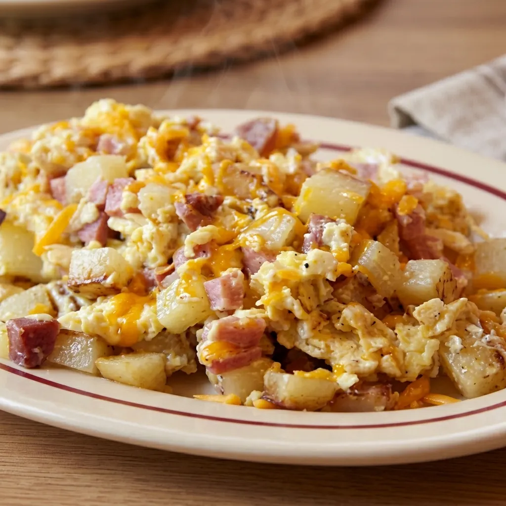 Country skillet breakfast with hashbrowns, ham, bacon and sausage at Seven Sisters Motel & Restaurant, MB